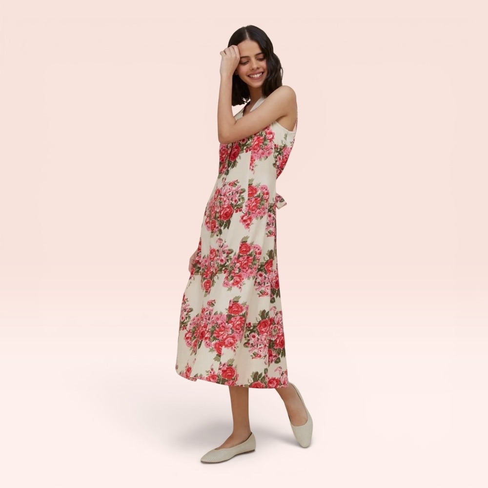 Bombay Paisley Linen Cotton Floral Midi Dress L Cottagecore Summer Sleeveless